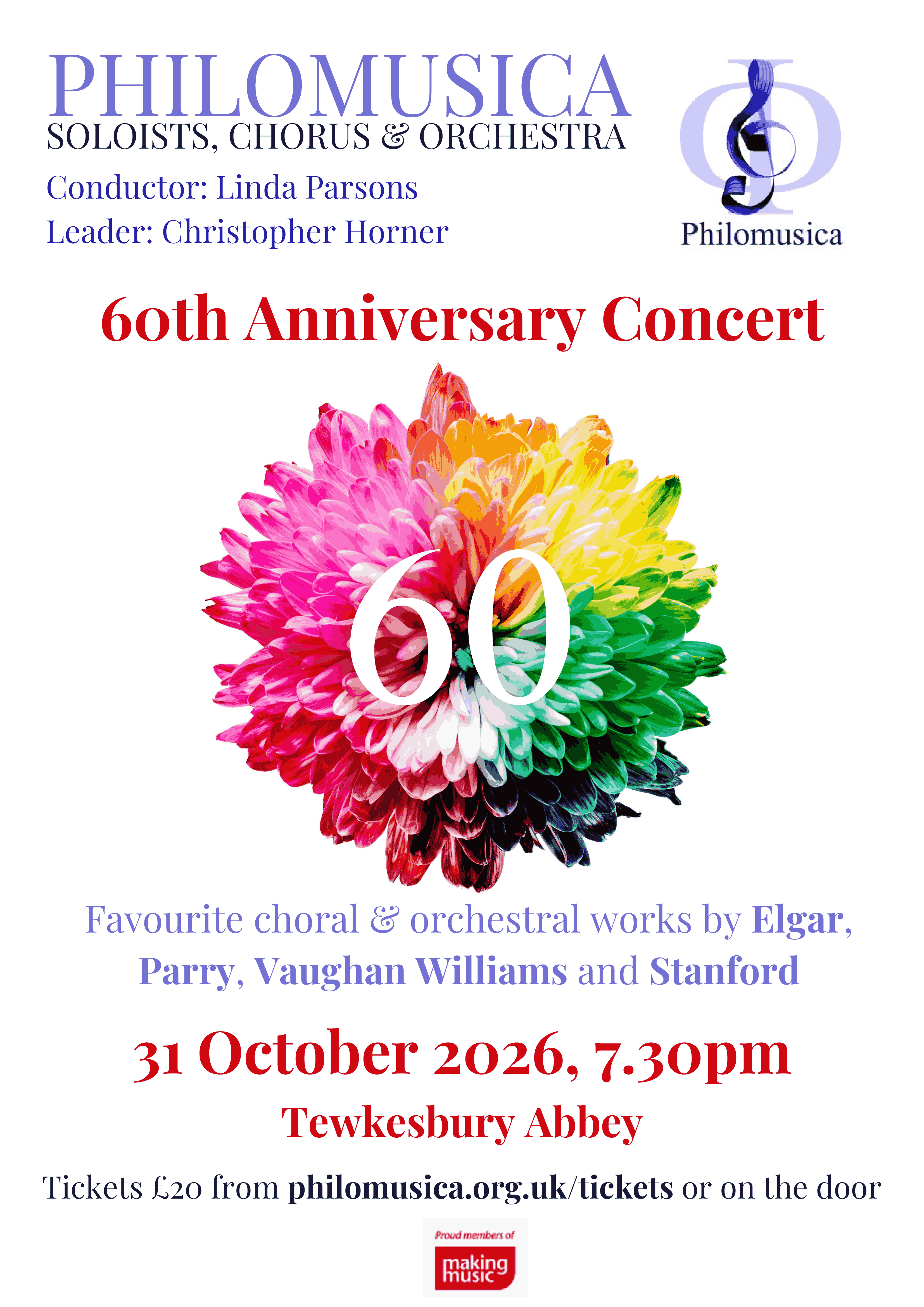 Poster for Philomusica's 60th Anniversary Concert in Autumn 2026 at Tewkesbury Abbey